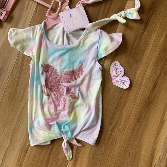 Btween Girls 2T Unicorn Graphic Tie Dye Tee, Pink Pants, Matching Scrunchie New - Picture 2 of 8